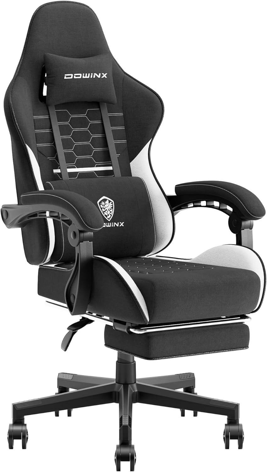 Dowinx Gaming Chair Fabric with Pocket Spring Cushion, Massage Game Chair Cloth with Headrest, Ergonomic Computer Chair with Footrest 290LBS, Black - Grand Goldman
