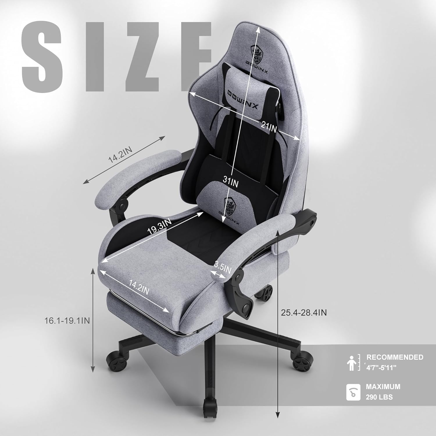 Dowinx Gaming Chair Fabric with Pocket Spring Cushion, Massage Game Chair Cloth with Headrest, Ergonomic Computer Chair with Footrest 290LBS, Black - Grand Goldman