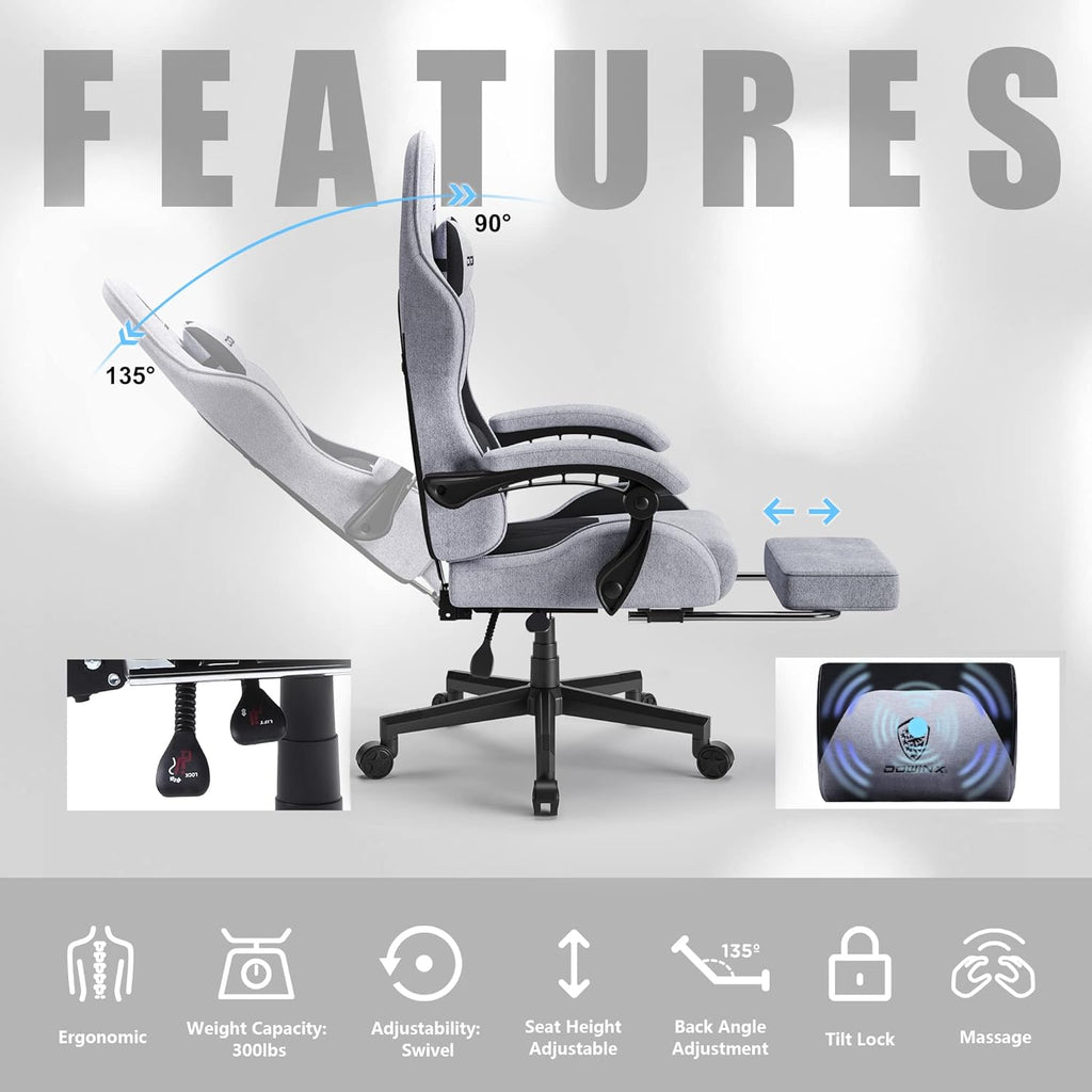 Dowinx Gaming Chair Fabric with Pocket Spring Cushion, Massage Game Chair Cloth with Headrest, Ergonomic Computer Chair with Footrest 290LBS, Black - Grand Goldman