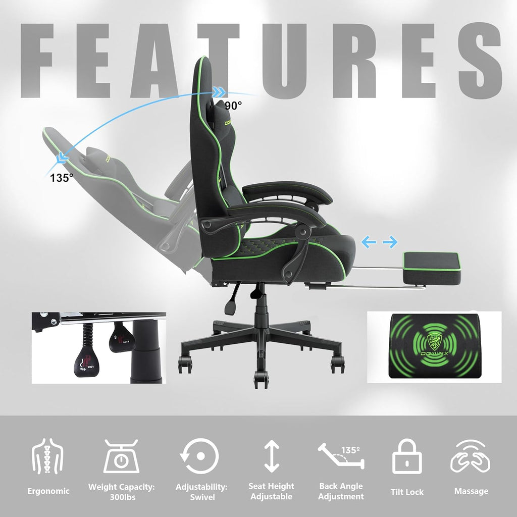 Dowinx Gaming Chair Fabric with Pocket Spring Cushion, Massage Game Chair Cloth with Headrest, Ergonomic Computer Chair with Footrest 290LBS, Black - Grand Goldman