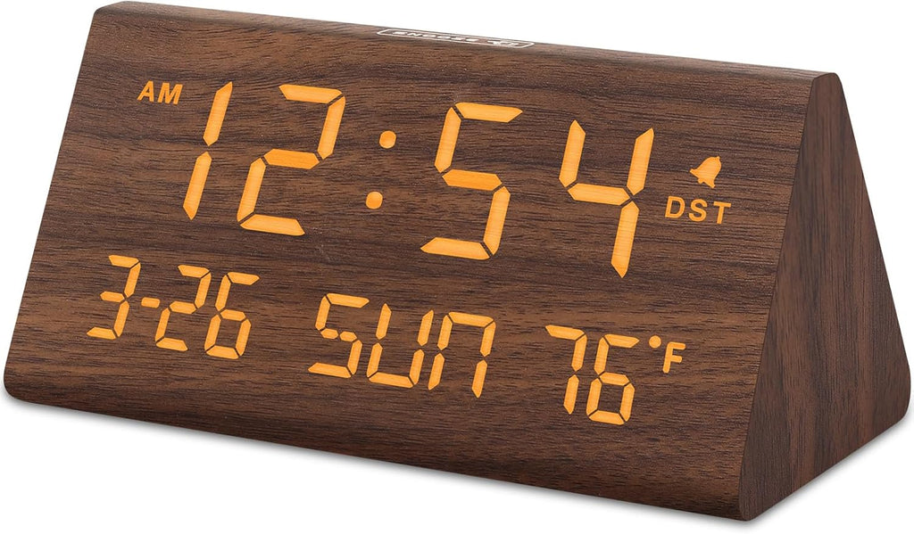 DreamSky Digital Alarm Clocks for Bedrooms - Wooden Desk Clock with Date, Day of Week, USB Port, Temperature, Dimmer for Bedside Table, Living Room, Office, Adjustable Volume, Auto DST, Wood Decor - Grand Goldman
