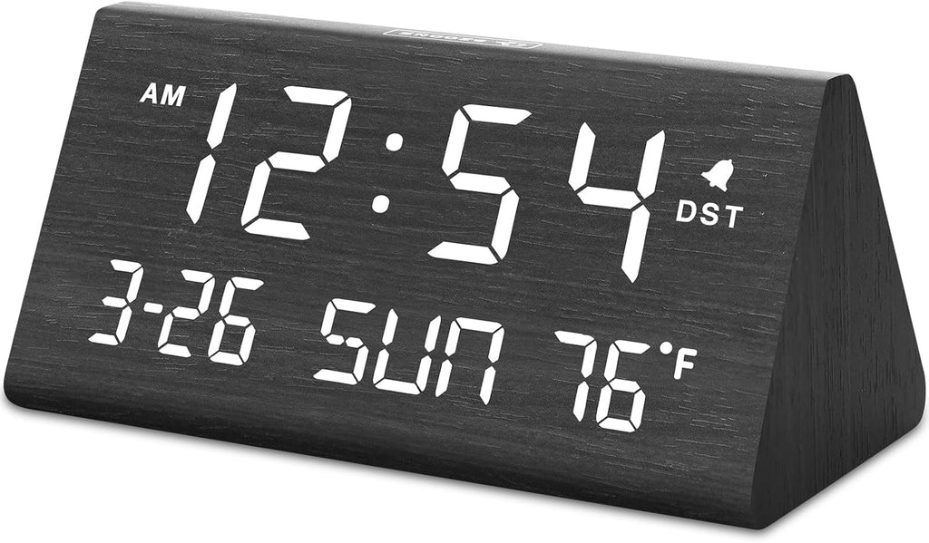 DreamSky Digital Alarm Clocks for Bedrooms - Wooden Desk Clock with Date, Day of Week, USB Port, Temperature, Dimmer for Bedside Table, Living Room, Office, Adjustable Volume, Auto DST, Wood Decor - Grand Goldman