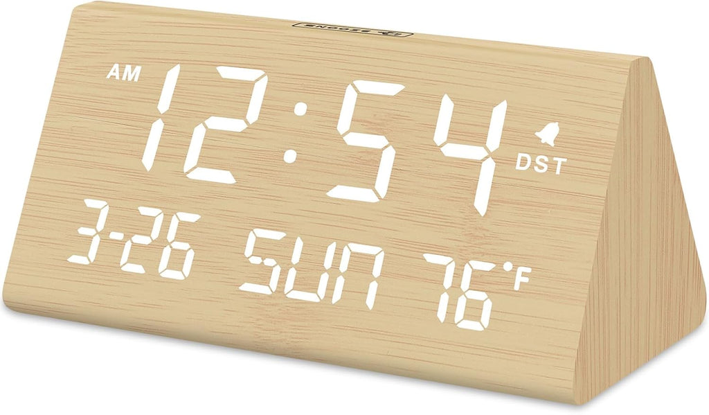 DreamSky Digital Alarm Clocks for Bedrooms - Wooden Desk Clock with Date, Day of Week, USB Port, Temperature, Dimmer for Bedside Table, Living Room, Office, Adjustable Volume, Auto DST, Wood Decor - Grand Goldman