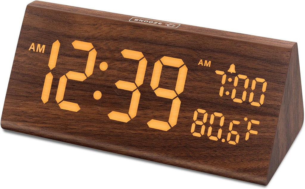 DreamSky Digital Alarm Clocks for Bedrooms - Wooden Desk Clock with Date, Day of Week, USB Port, Temperature, Dimmer for Bedside Table, Living Room, Office, Adjustable Volume, Auto DST, Wood Decor - Grand Goldman
