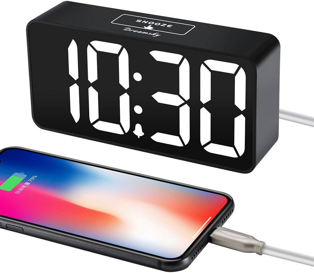 DreamSky Small Digital Alarm Clock for Bederoom, Large Big Numbers Display with Brightness Dimmer, Electric Bedside Desk Clock with USB Charging Port, Adjustable Alarm Volume, 12/24H, Snooze - Grand Goldman