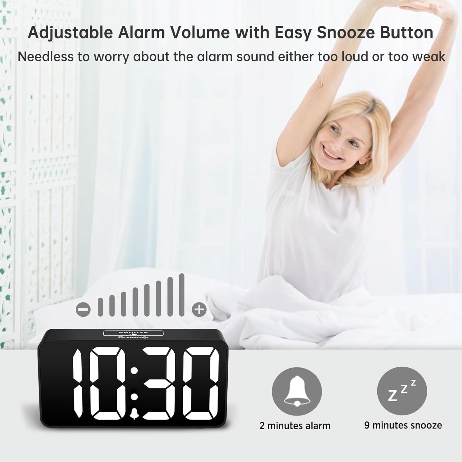 DreamSky Small Digital Alarm Clock for Bederoom, Large Big Numbers Display with Brightness Dimmer, Electric Bedside Desk Clock with USB Charging Port, Adjustable Alarm Volume, 12/24H, Snooze - Grand Goldman