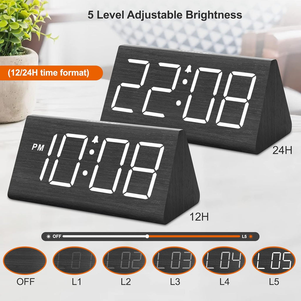 DreamSky Wooden Digital Alarm Clocks for Bedrooms - Electric Desk Clock with Large Numbers, USB Port, Loud Alarm for Heavy Sleepers, Adjustable Volume, Dimmer, Snooze, DST, 12/24H, Wood Décor Gifts - Grand Goldman