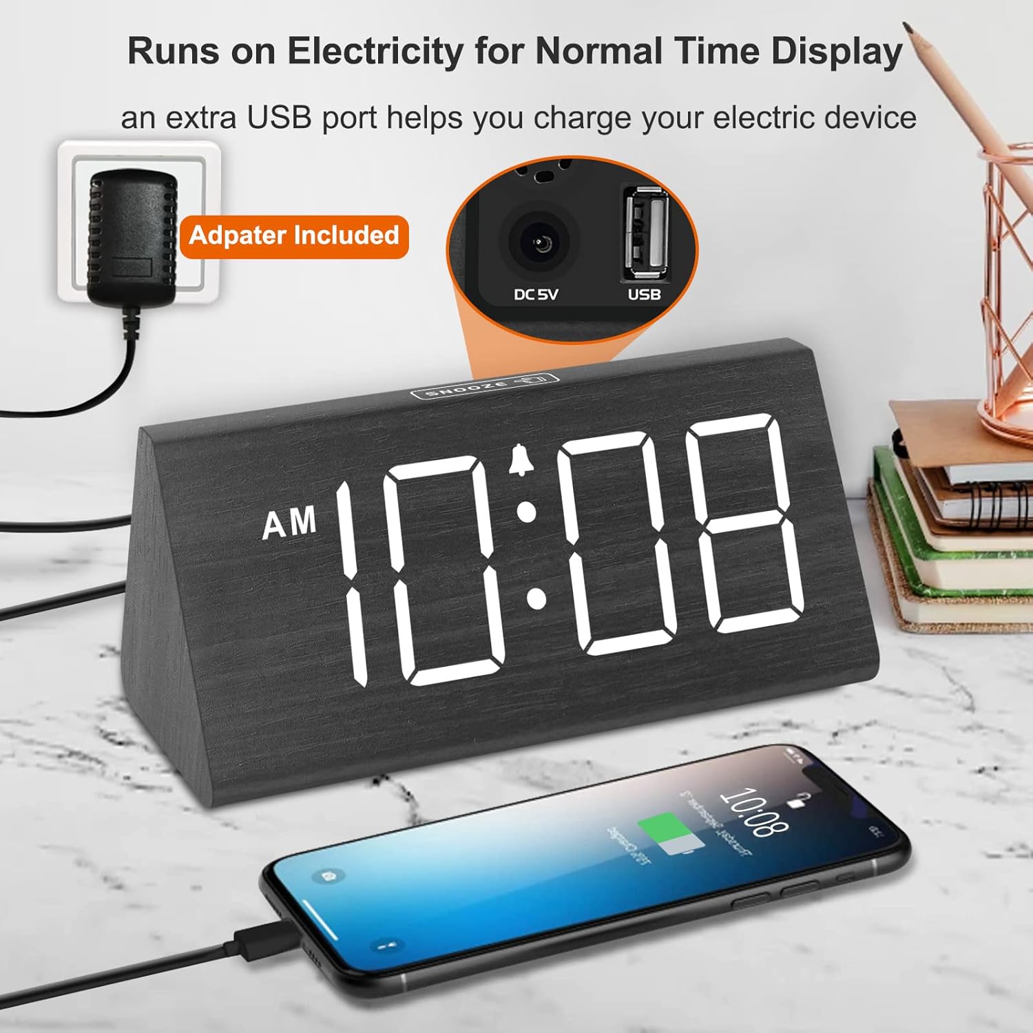DreamSky Wooden Digital Alarm Clocks for Bedrooms - Electric Desk Clock with Large Numbers, USB Port, Loud Alarm for Heavy Sleepers, Adjustable Volume, Dimmer, Snooze, DST, 12/24H, Wood Décor Gifts - Grand Goldman