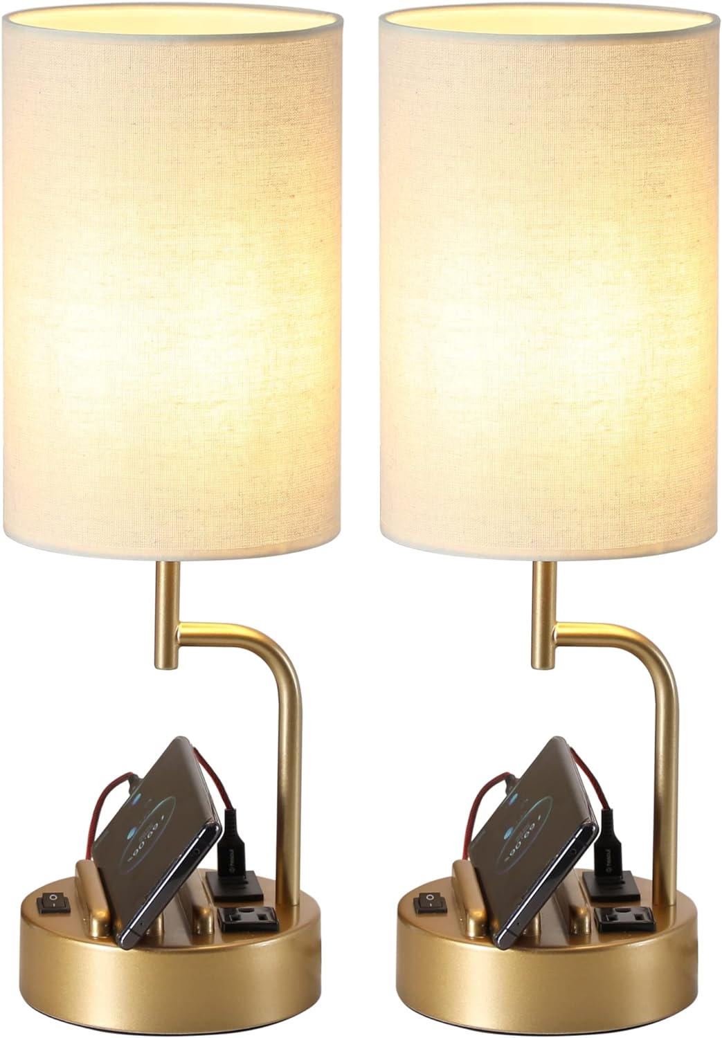 Dreamholder Table Lamp with 3 USB Charging Ports, Modern Desk Lamp with AC Outlet and Phone Stands, Perfect Bedside Lamp for Bedroom, Living Room, Office (Pack of 2), Cream - Grand Goldman