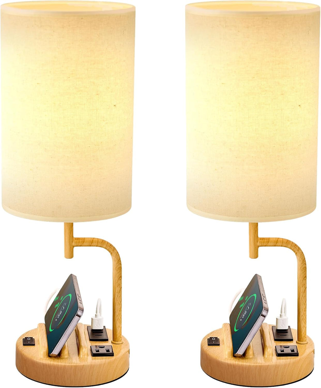 Dreamholder Table Lamp with 3 USB Charging Ports, Modern Desk Lamp with AC Outlet and Phone Stands, Perfect Bedside Lamp for Bedroom, Living Room, Office (Pack of 2), Cream - Grand Goldman