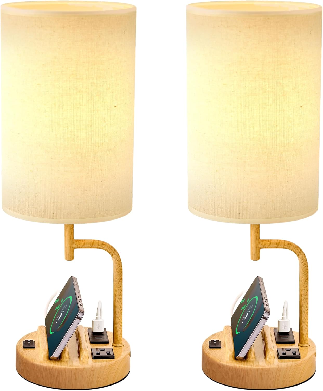 Dreamholder Table Lamp with 3 USB Charging Ports, Modern Desk Lamp with AC Outlet and Phone Stands, Perfect Bedside Lamp for Bedroom, Living Room, Office (Pack of 2), Cream - Grand Goldman