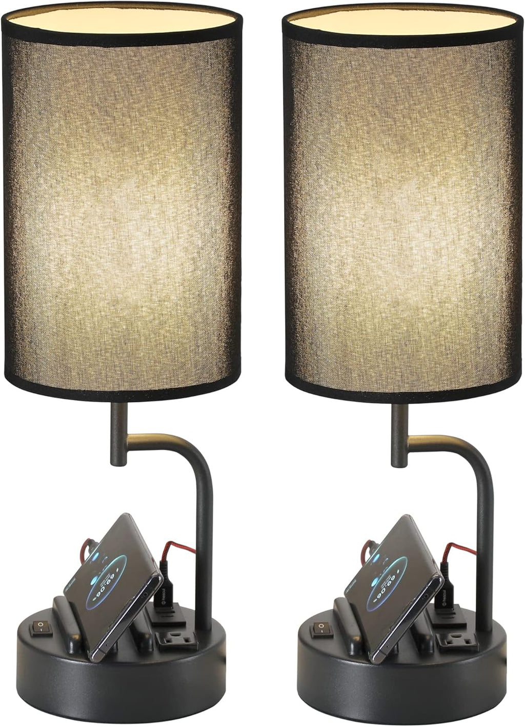 Dreamholder Table Lamp with 3 USB Charging Ports, Modern Desk Lamp with AC Outlet and Phone Stands, Perfect Bedside Lamp for Bedroom, Living Room, Office (Pack of 2), Cream - Grand Goldman