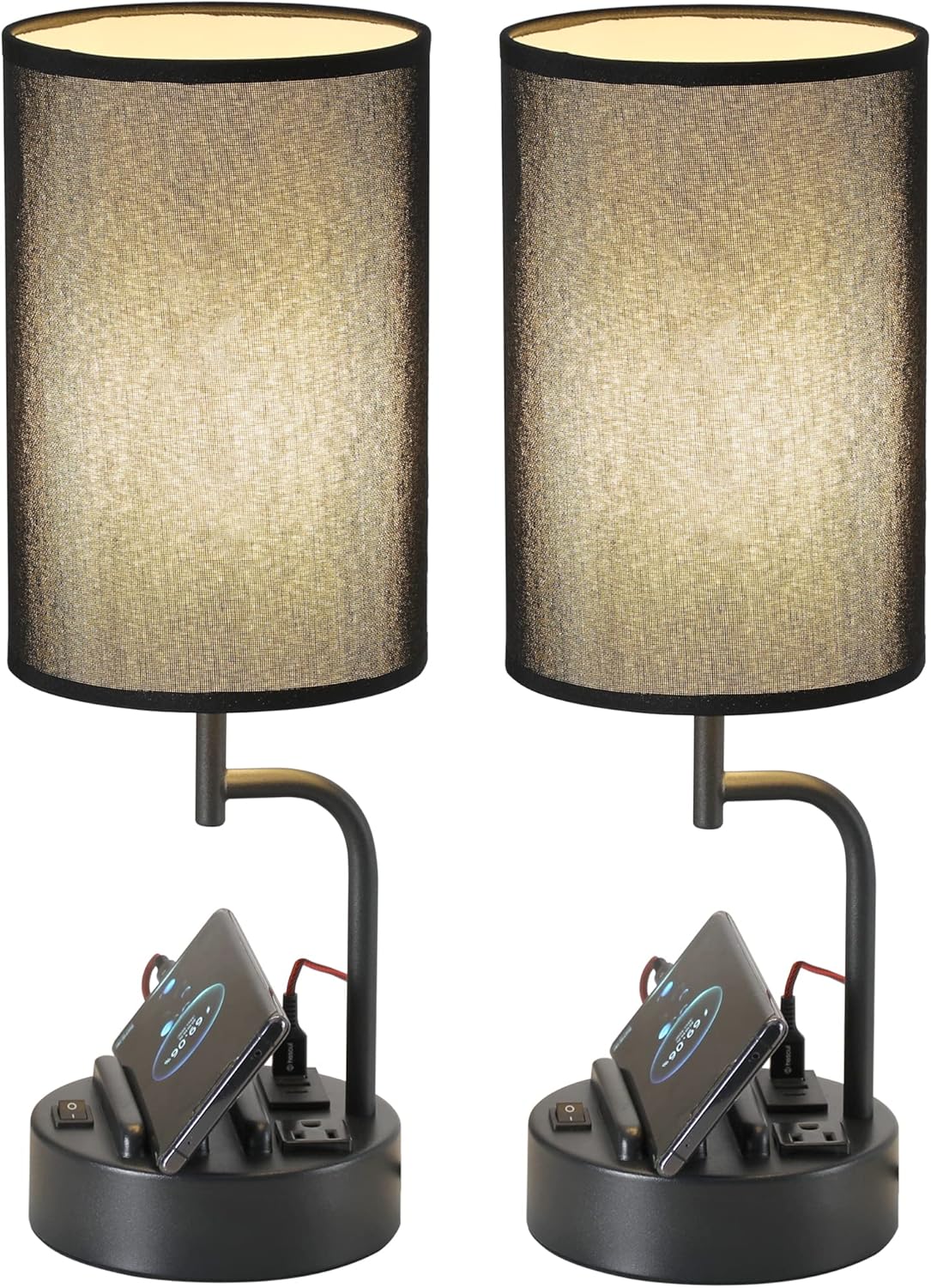 Dreamholder Table Lamp with 3 USB Charging Ports, Modern Desk Lamp with AC Outlet and Phone Stands, Perfect Bedside Lamp for Bedroom, Living Room, Office (Pack of 2), Cream - Grand Goldman