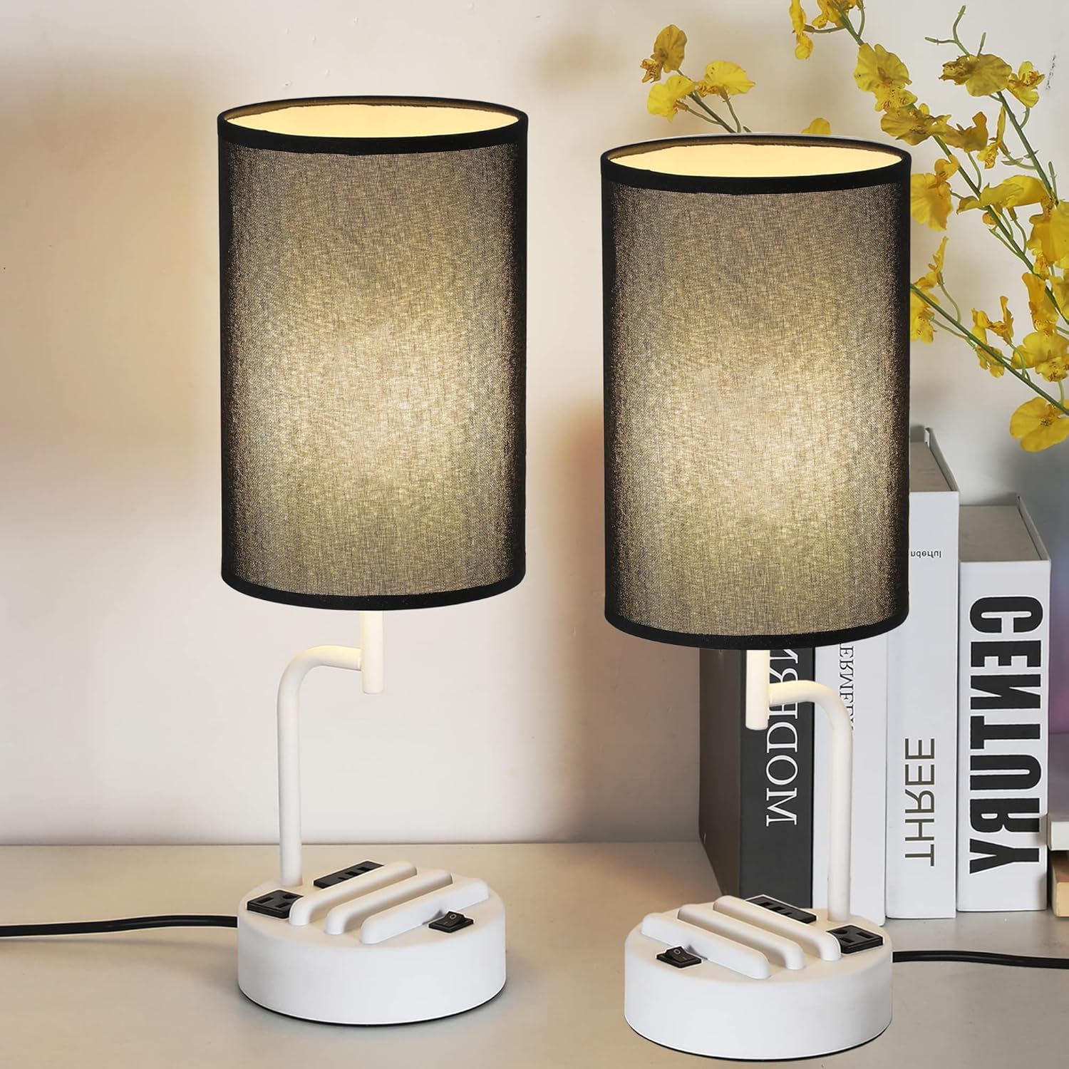 Dreamholder Table Lamp with 3 USB Charging Ports, Modern Desk Lamp with AC Outlet and Phone Stands, Perfect Bedside Lamp for Bedroom, Living Room, Office (Pack of 2), Cream - Grand Goldman