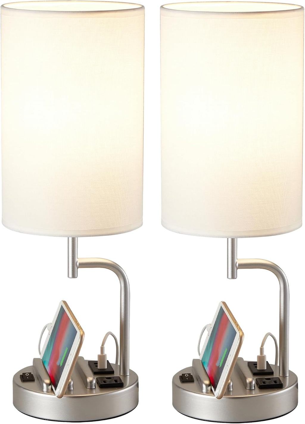 Dreamholder Table Lamp with 3 USB Charging Ports, Modern Desk Lamp with AC Outlet and Phone Stands, Perfect Bedside Lamp for Bedroom, Living Room, Office (Pack of 2), Cream - Grand Goldman