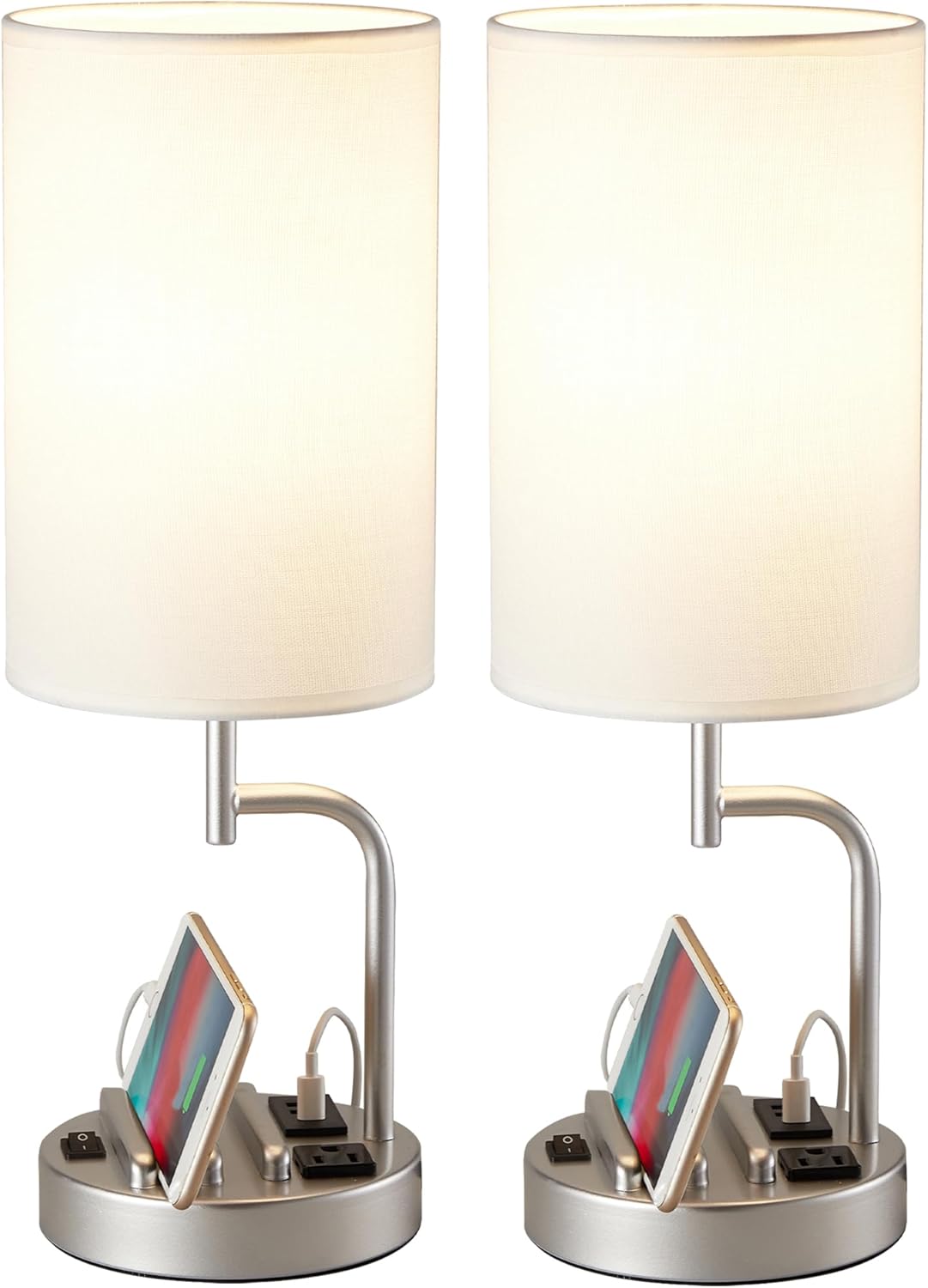 Dreamholder Table Lamp with 3 USB Charging Ports, Modern Desk Lamp with AC Outlet and Phone Stands, Perfect Bedside Lamp for Bedroom, Living Room, Office (Pack of 2), Cream - Grand Goldman