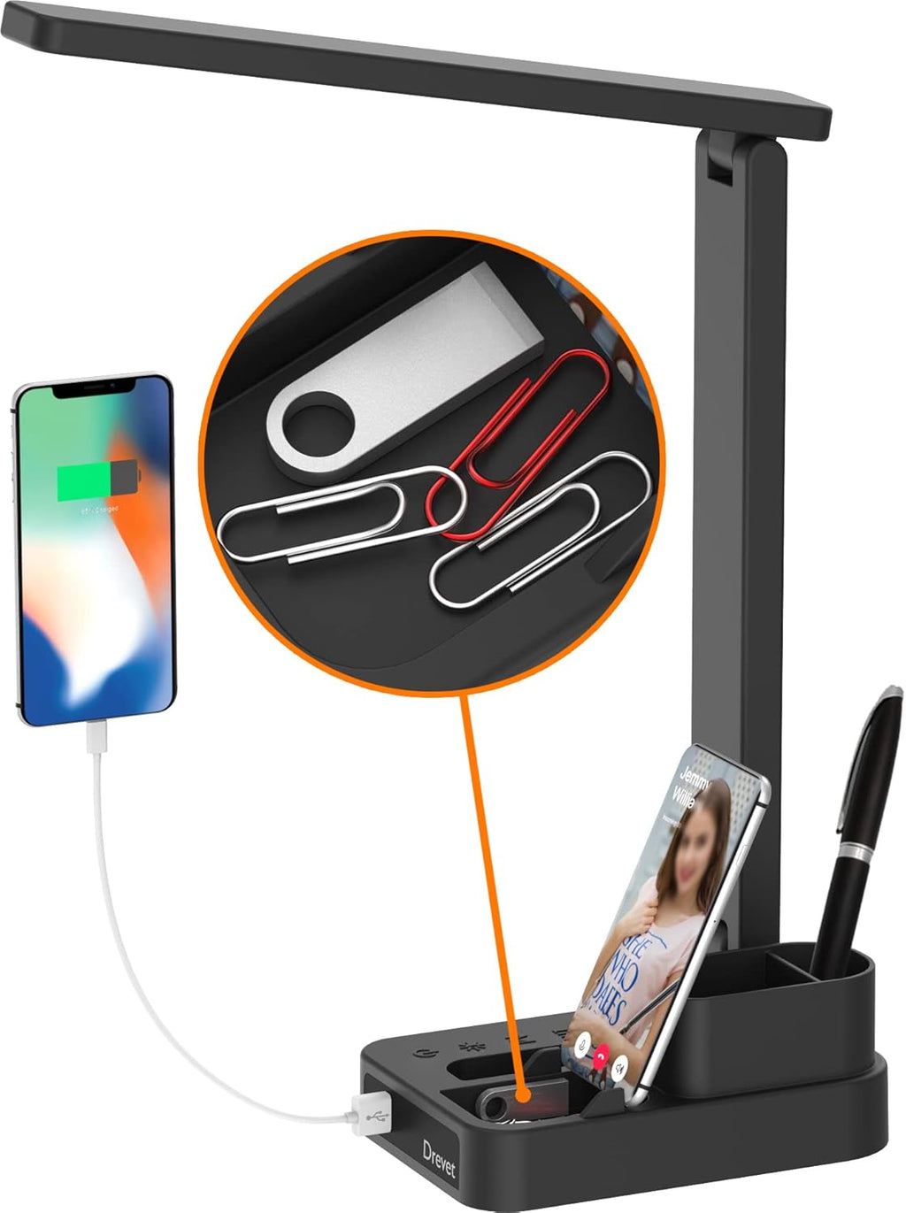 Drevet LED Desk Lamp, Desk Light with 1 USB Charging Port and 2 AC Power Outlet, 3 Lighting Modes, 3 Level Brightness,1H Timer, Touch Control, Eye-Caring Home Office Foldable Table Lamp (Black) - Grand Goldman