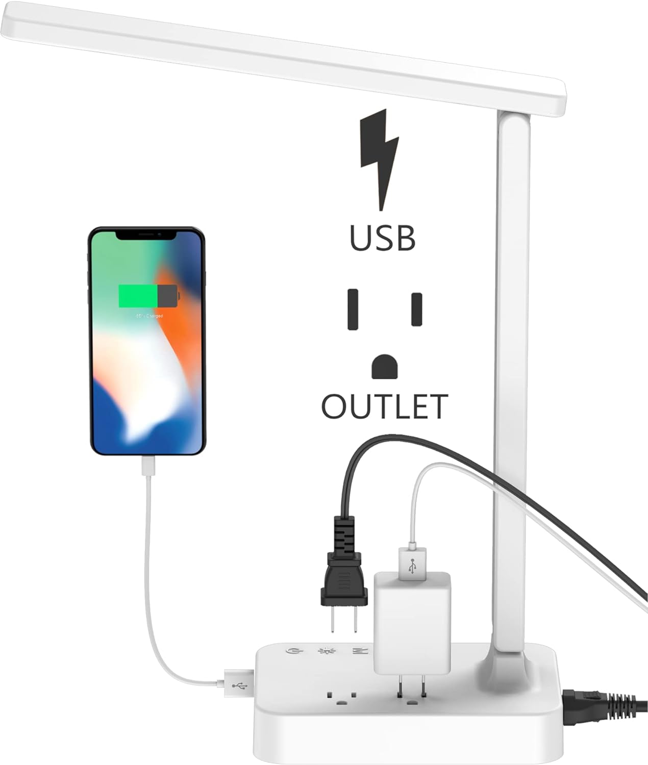 Drevet LED Desk Lamp, Desk Light with 1 USB Charging Port and 2 AC Power Outlet, 3 Lighting Modes, 3 Level Brightness,1H Timer, Touch Control, Eye-Caring Home Office Foldable Table Lamp (Black) - Grand Goldman