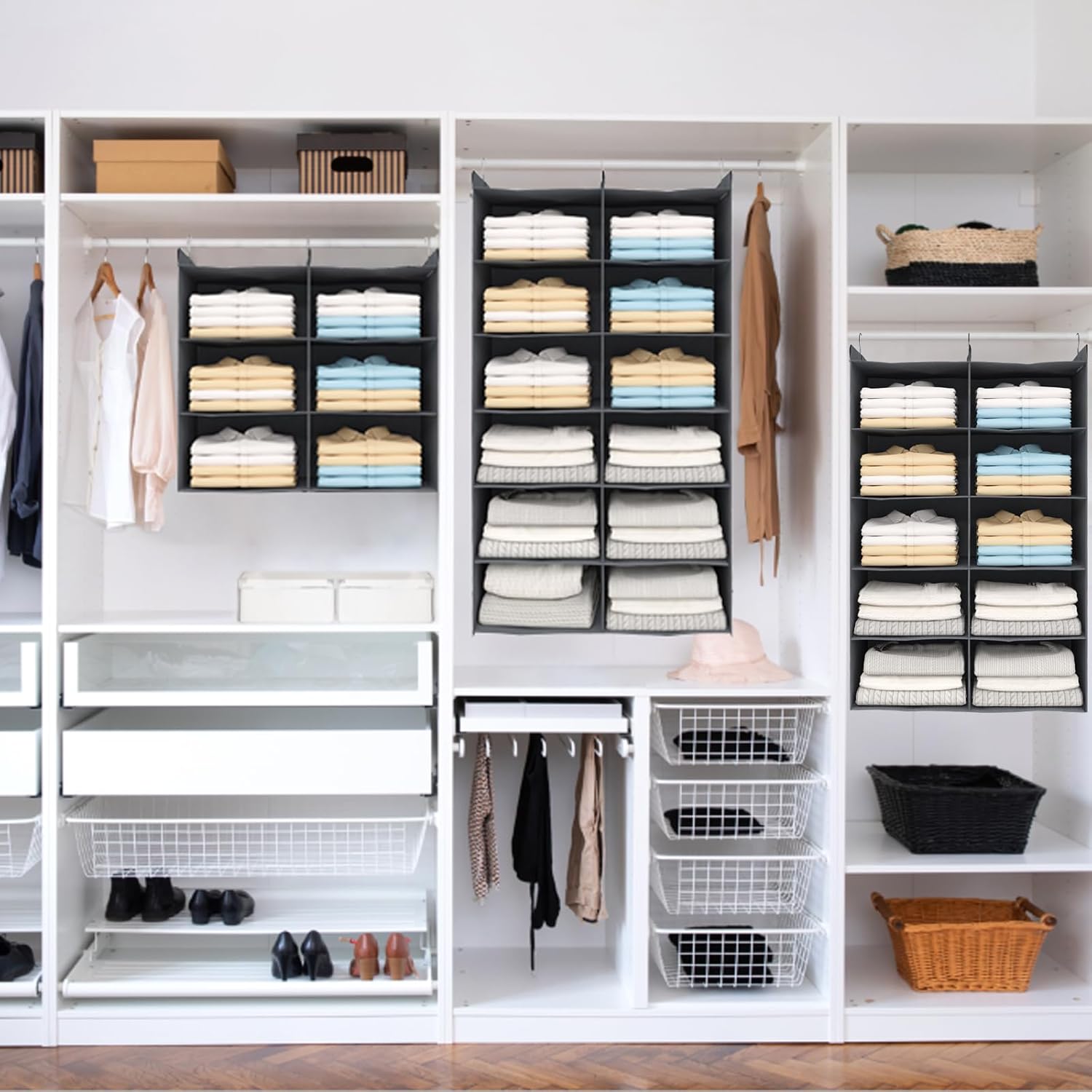 Dual-Row 6 Tier Shelf Hanging Closet Organizer and Storage, 12 Pockets Clothes Storage Shelves with 3 Sturdy Hooks for Clothing Organization, Dorm Room Essentials for Girls, Foldable, Grey - Grand Goldman