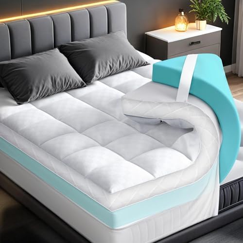 Dual Layer 4 Inch Memory Foam Mattress Topper for Pain Relief with 2X Support, 2" Fluffy Pillow Top Queen Mattress Topper Plus 2" Odor-Free Cooling Gel Memory Foam Ultra Comfort Mattress Pad Cover - Grand Goldman