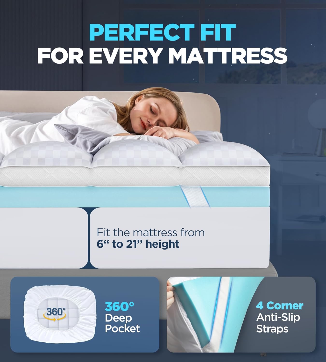 Dual Layer 4 Inch Memory Foam Mattress Topper for Pain Relief with 2X Support, 2" Fluffy Pillow Top Queen Mattress Topper Plus 2" Odor-Free Cooling Gel Memory Foam Ultra Comfort Mattress Pad Cover - Grand Goldman