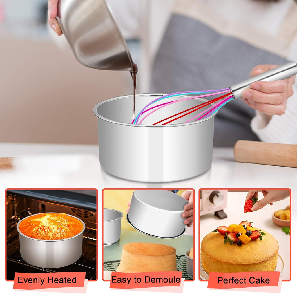 E-far 6 Inch Cake Pan Set of 3, Stainless Steel Round Smash Cake Baking Pans Tins, Non-Toxic & Healthy, Mirror Finish & Dishwasher Safe - Grand Goldman