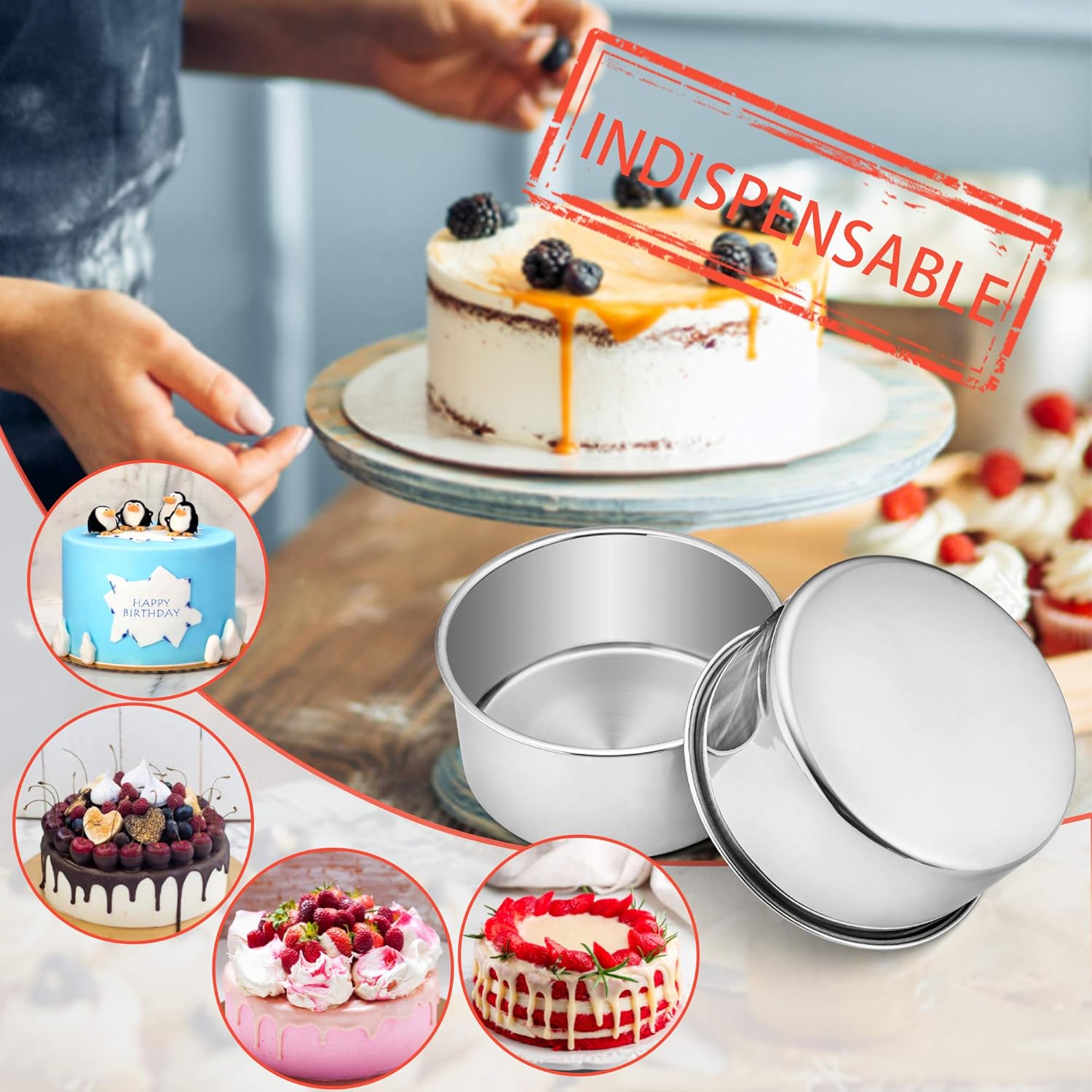 E-far 6 Inch Cake Pan Set of 3, Stainless Steel Round Smash Cake Baking Pans Tins, Non-Toxic & Healthy, Mirror Finish & Dishwasher Safe - Grand Goldman