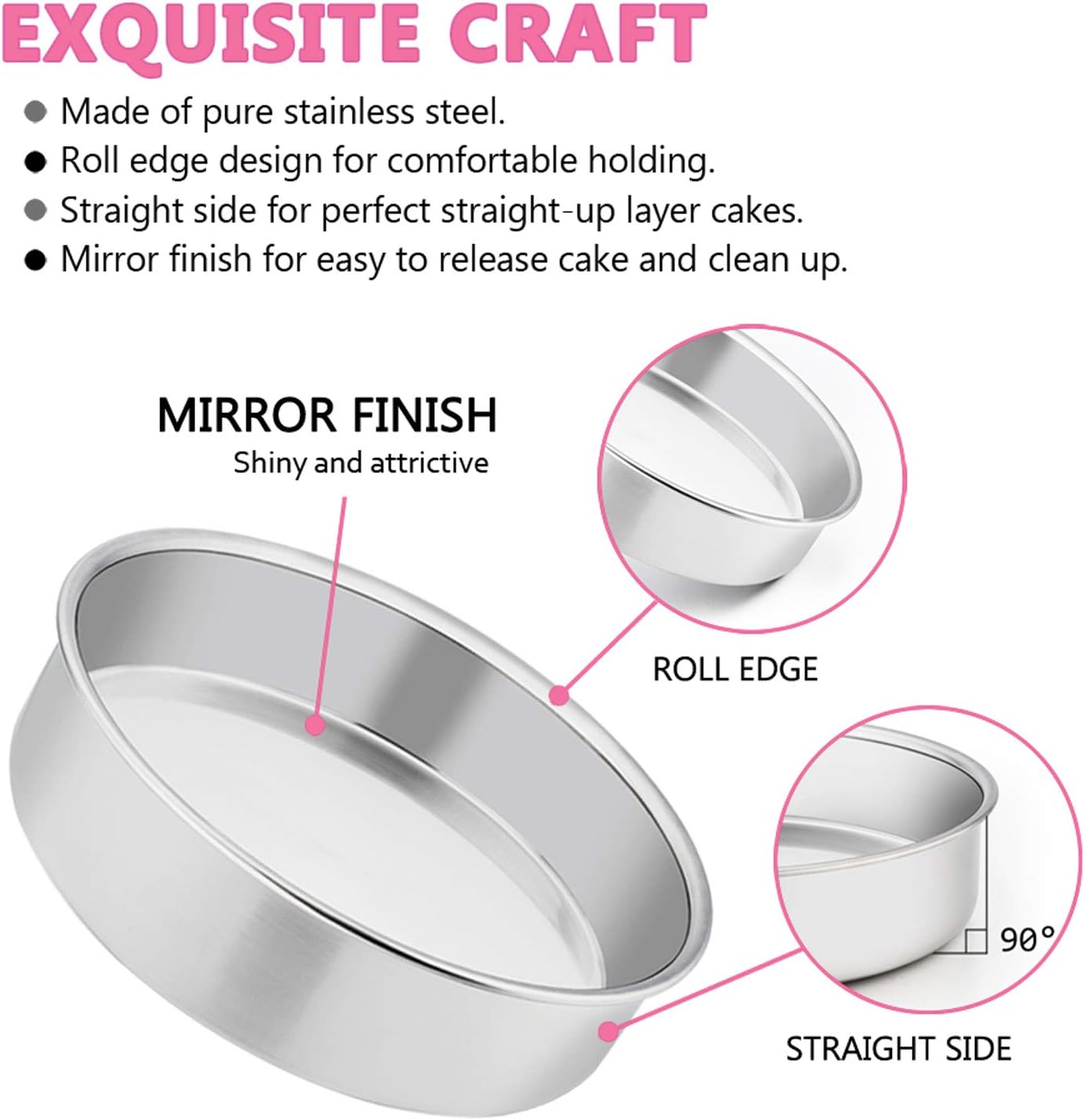 E-far 6 Inch Cake Pan Set of 3, Stainless Steel Round Smash Cake Baking Pans Tins, Non-Toxic & Healthy, Mirror Finish & Dishwasher Safe - Grand Goldman