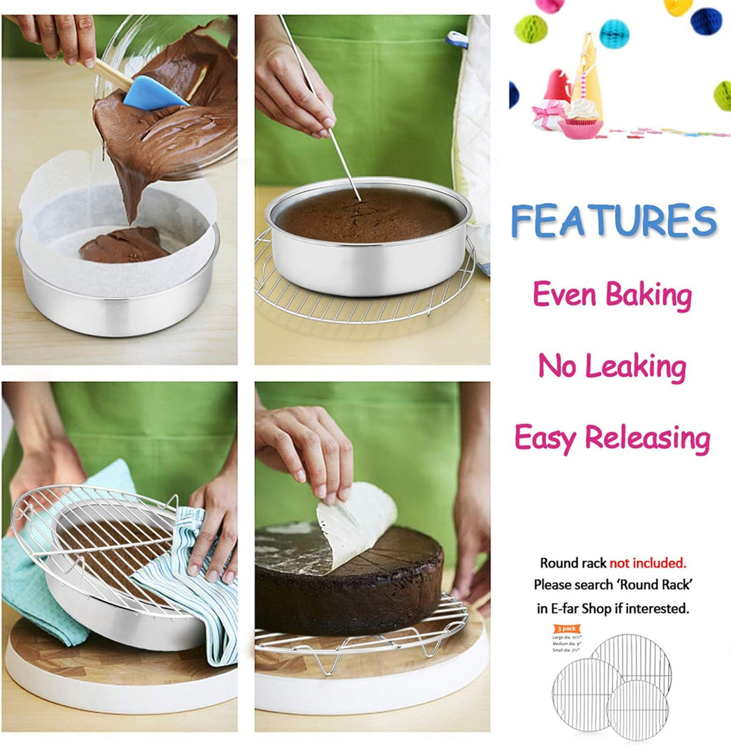 E-far 6 Inch Cake Pan Set of 3, Stainless Steel Round Smash Cake Baking Pans Tins, Non-Toxic & Healthy, Mirror Finish & Dishwasher Safe - Grand Goldman