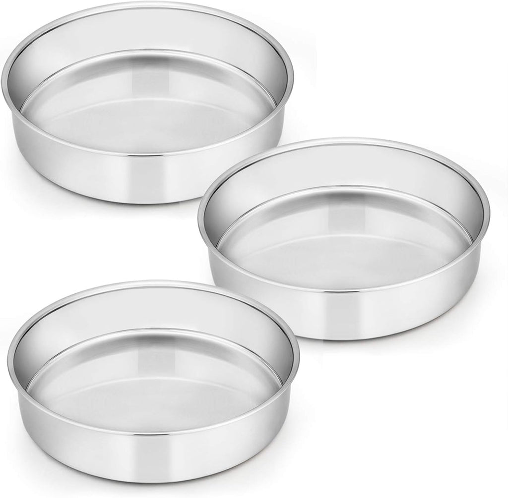 E-far 8 Inch Cake Pan Set of 3, Stainless Steel Round Layer Cake Baking Pans, Non-Toxic & Healthy, Mirror Finish & Dishwasher Safe - Grand Goldman