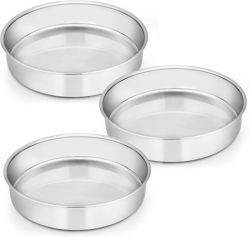 E-far 8 Inch Cake Pan Set of 3, Stainless Steel Round Layer Cake Baking Pans, Non-Toxic & Healthy, Mirror Finish & Dishwasher Safe - Grand Goldman