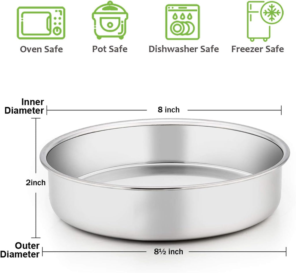E-far 8 Inch Cake Pan Set of 3, Stainless Steel Round Layer Cake Baking Pans, Non-Toxic & Healthy, Mirror Finish & Dishwasher Safe - Grand Goldman