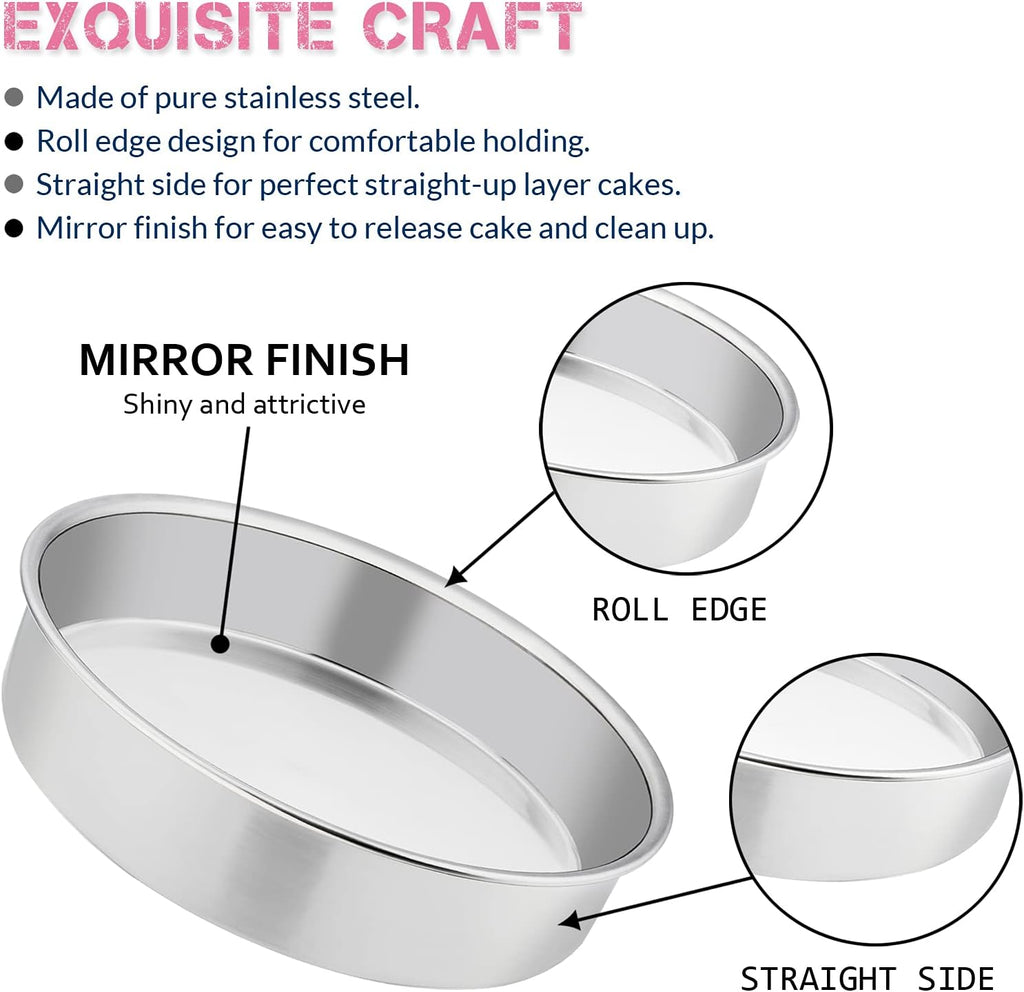 E-far 8 Inch Cake Pan Set of 3, Stainless Steel Round Layer Cake Baking Pans, Non-Toxic & Healthy, Mirror Finish & Dishwasher Safe - Grand Goldman
