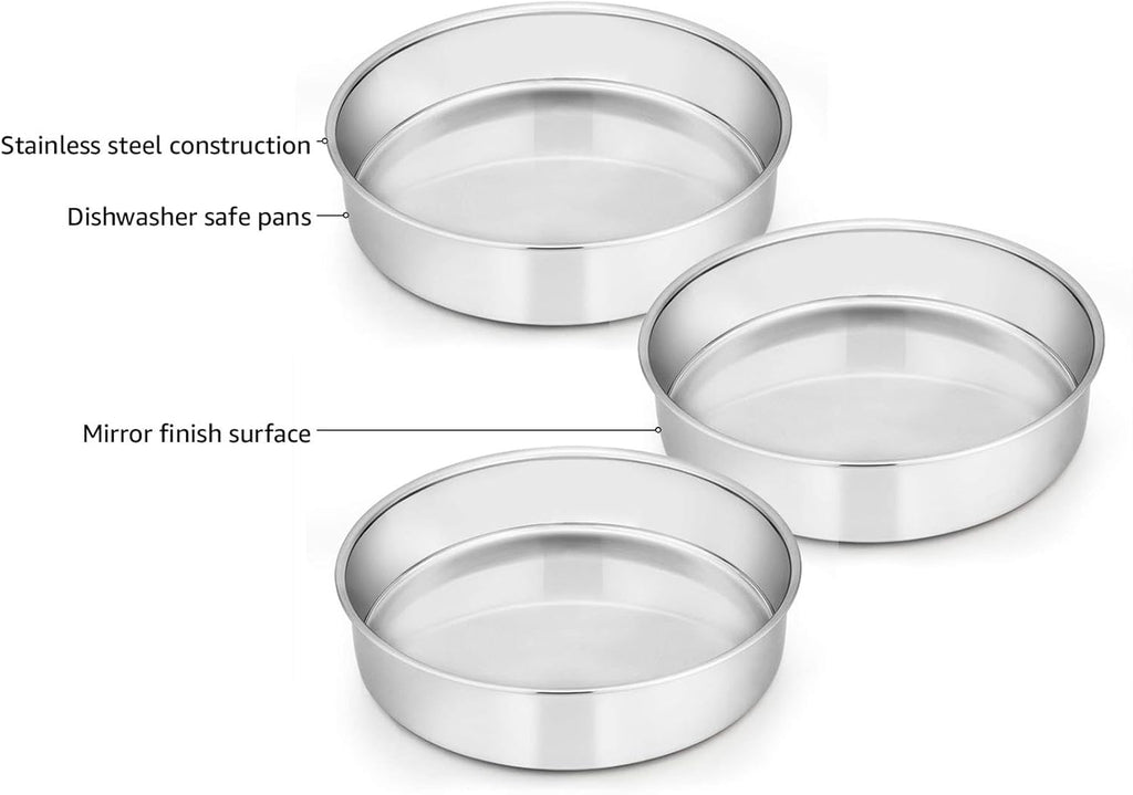 E-far 8 Inch Cake Pan Set of 3, Stainless Steel Round Layer Cake Baking Pans, Non-Toxic & Healthy, Mirror Finish & Dishwasher Safe - Grand Goldman