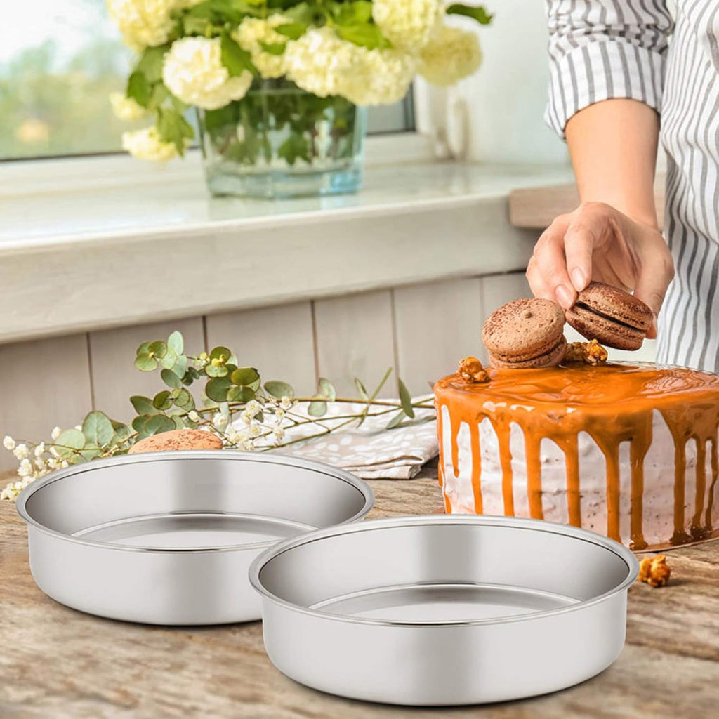 E-far 8 Inch Cake Pan Set of 3, Stainless Steel Round Layer Cake Baking Pans, Non-Toxic & Healthy, Mirror Finish & Dishwasher Safe - Grand Goldman