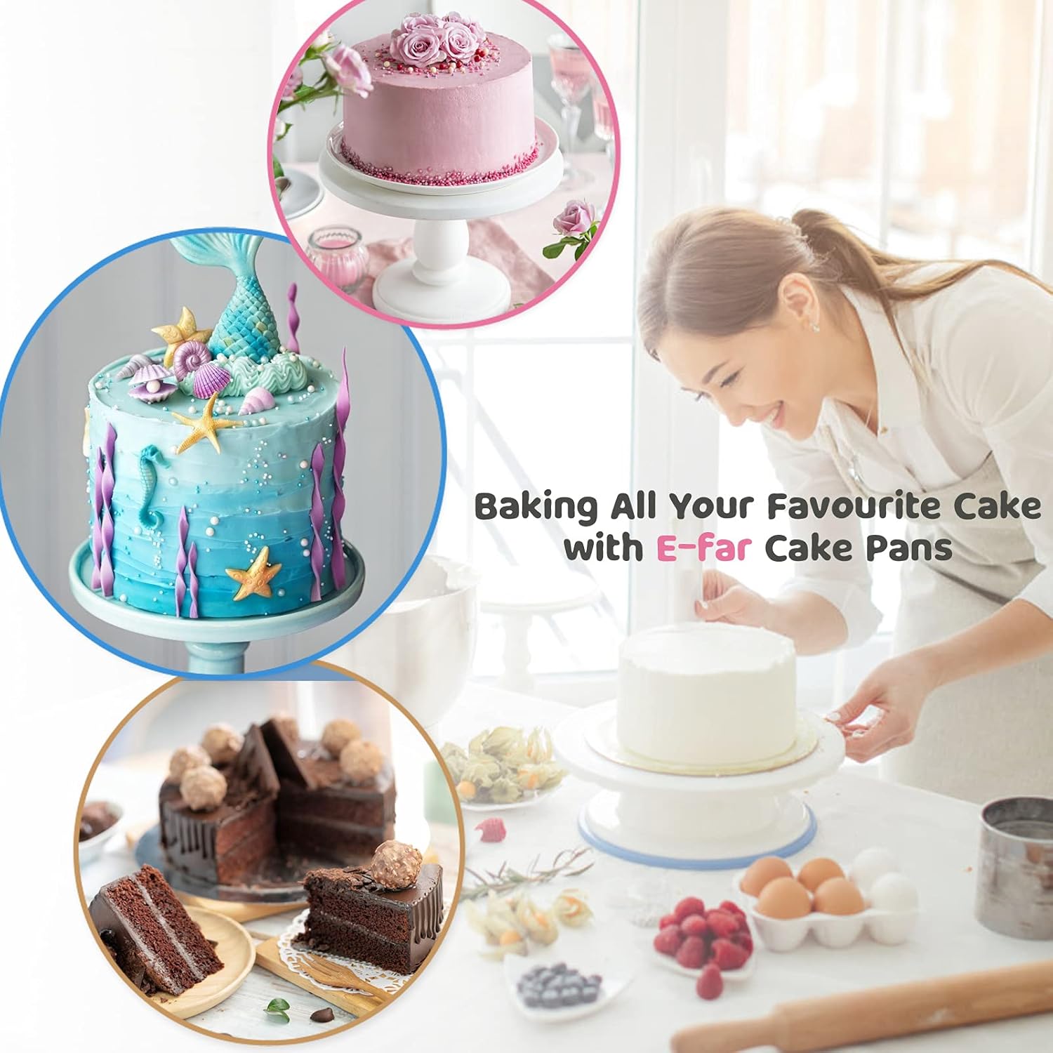 E-far 8 Inch Cake Pan Set of 3, Stainless Steel Round Layer Cake Baking Pans, Non-Toxic & Healthy, Mirror Finish & Dishwasher Safe - Grand Goldman