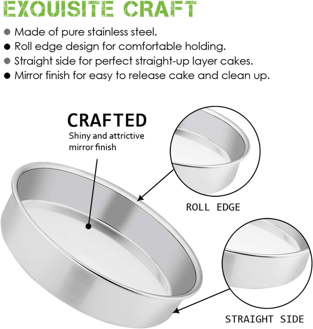 E-far 8 Inch Cake Pan Set of 3, Stainless Steel Round Layer Cake Baking Pans, Non-Toxic & Healthy, Mirror Finish & Dishwasher Safe - Grand Goldman