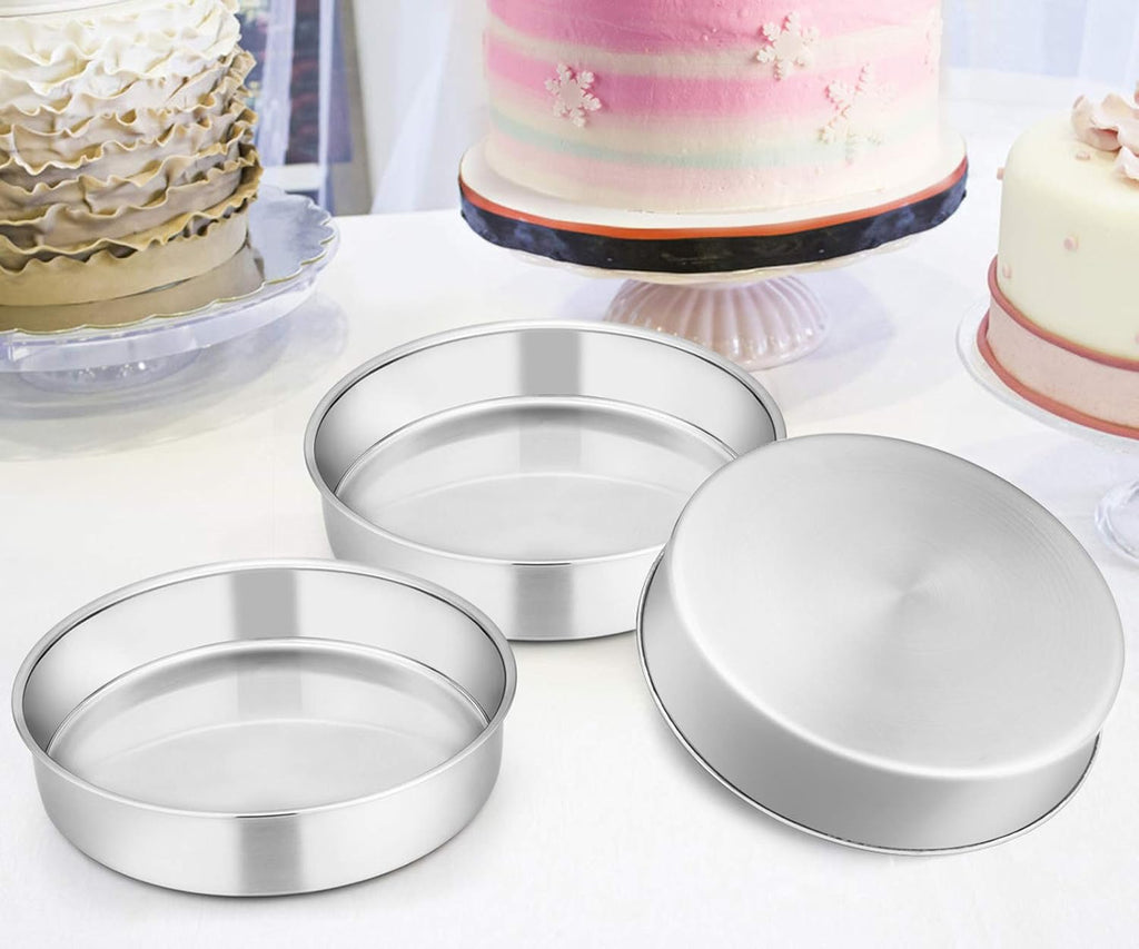 E-far 8 Inch Cake Pan Set of 3, Stainless Steel Round Layer Cake Baking Pans, Non-Toxic & Healthy, Mirror Finish & Dishwasher Safe - Grand Goldman