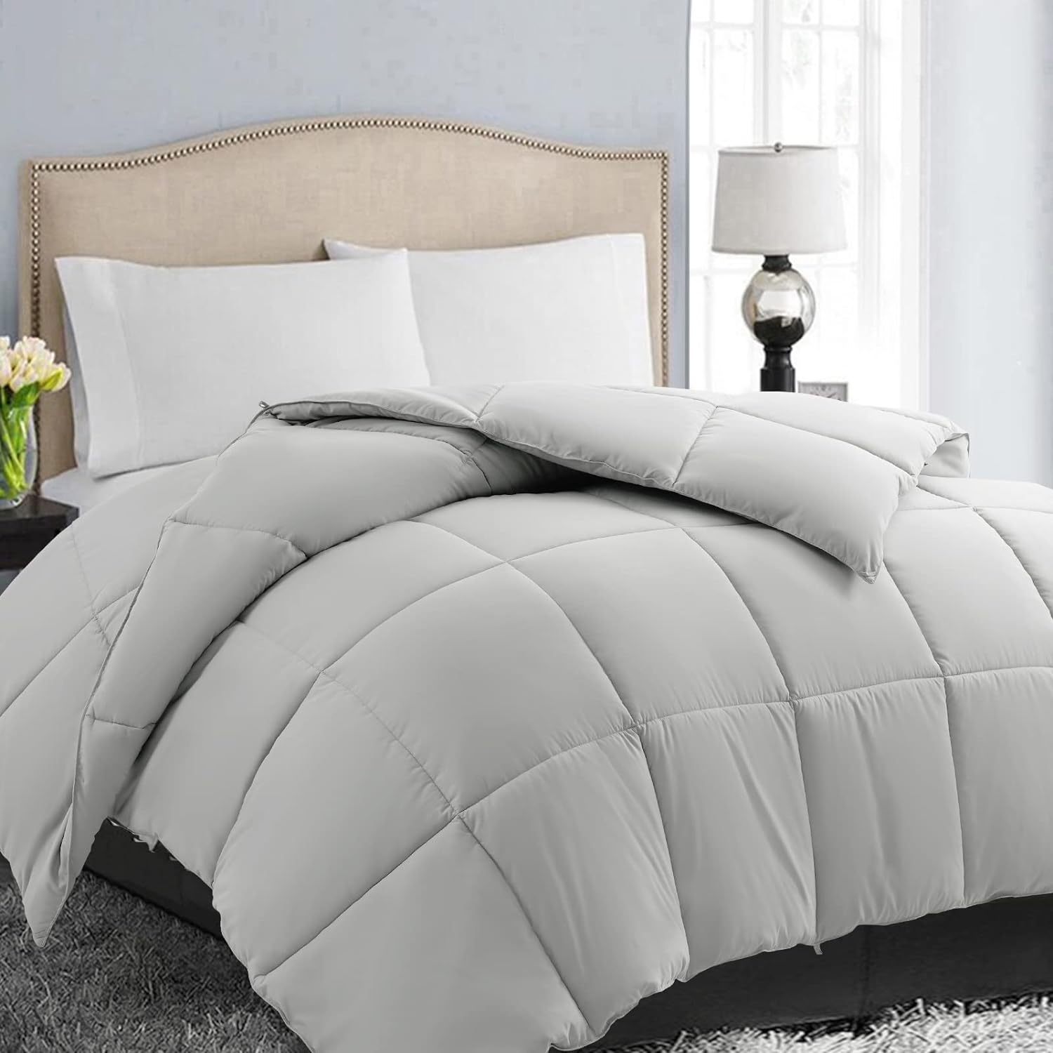 EASELAND All Season Queen Size Soft Quilted Down Alternative Comforter Reversible Duvet Insert with Corner Tabs,Winter Summer Warm Fluffy,White,88x88 inches - Grand Goldman