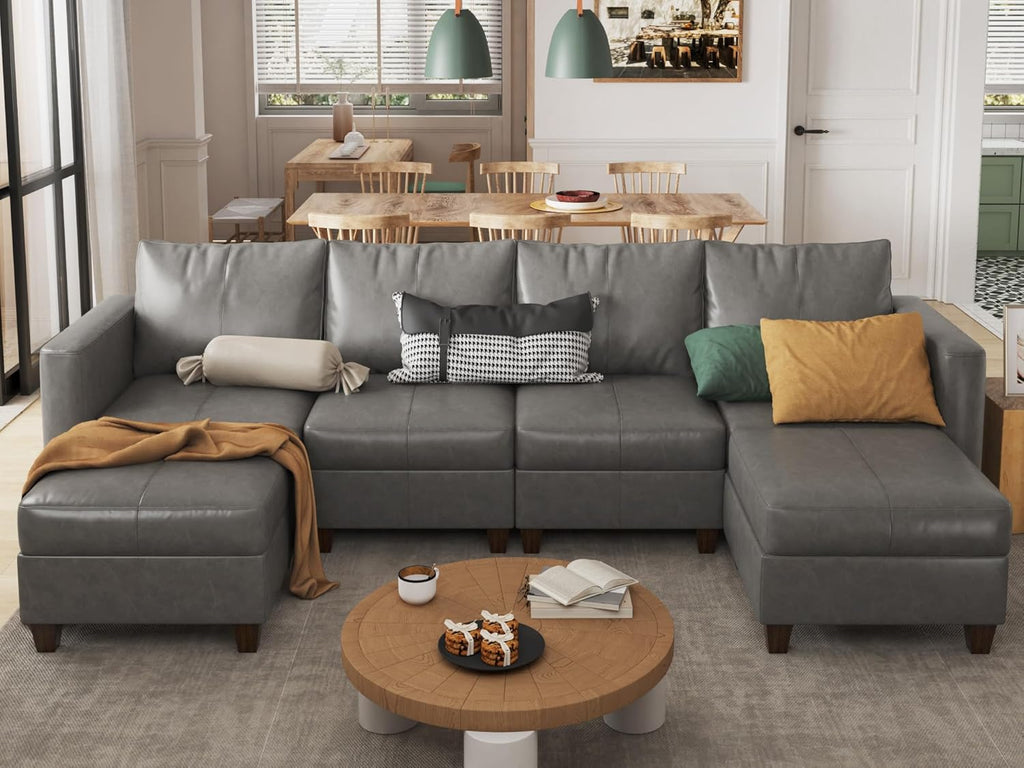 EASE MOOSE Modular Sectional Sofa with Storage, U Shaped Sectional Faux Leather Sectional Couch Large Sectional Sofa, Grey - Grand Goldman