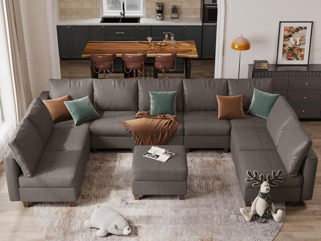 EASE MOOSE Modular Sectional Sofa with Storage, U Shaped Sectional Faux Leather Sectional Couch Large Sectional Sofa, Grey - Grand Goldman