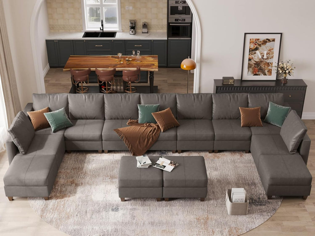 EASE MOOSE Modular Sectional Sofa with Storage, U Shaped Sectional Faux Leather Sectional Couch Large Sectional Sofa, Grey - Grand Goldman