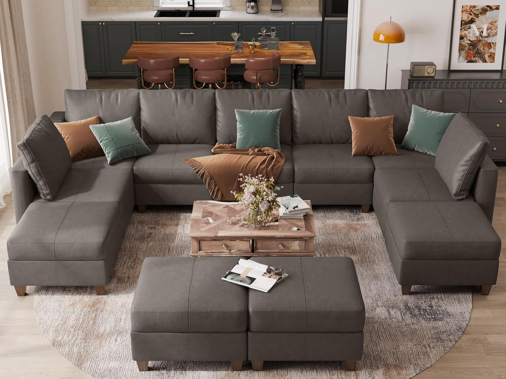 EASE MOOSE Modular Sectional Sofa with Storage, U Shaped Sectional Faux Leather Sectional Couch Large Sectional Sofa, Grey - Grand Goldman