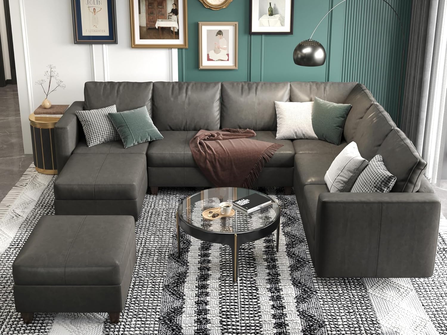 EASE MOOSE Modular Sectional Sofa with Storage, U Shaped Sectional Faux Leather Sectional Couch Large Sectional Sofa, Grey - Grand Goldman