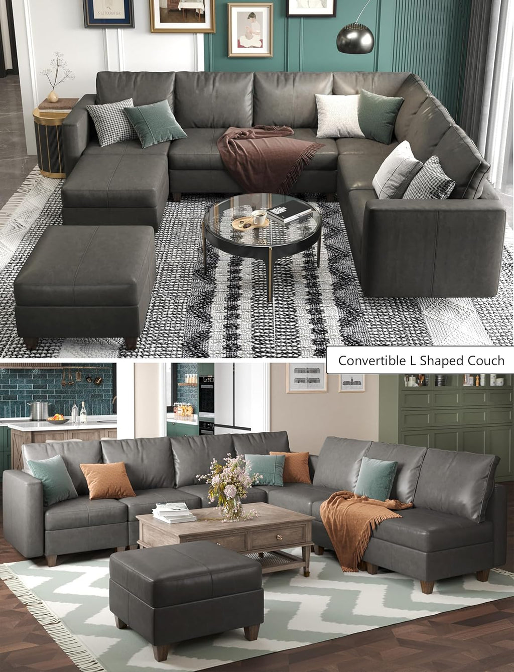EASE MOOSE Modular Sectional Sofa with Storage, U Shaped Sectional Faux Leather Sectional Couch Large Sectional Sofa, Grey - Grand Goldman