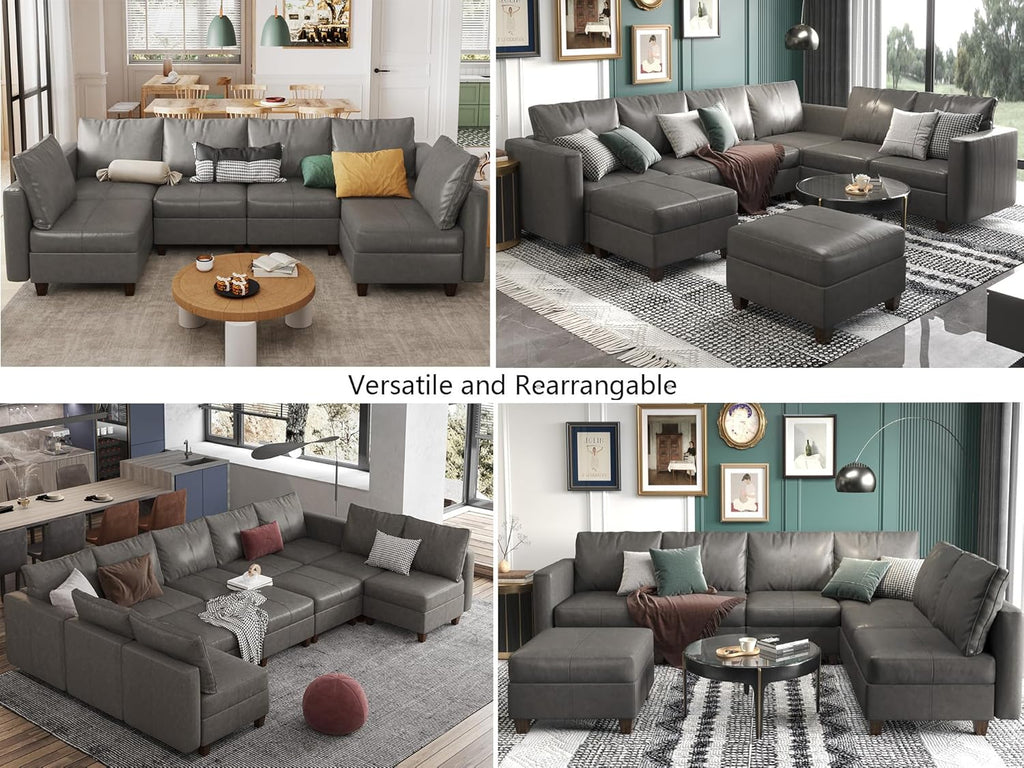 EASE MOOSE Modular Sectional Sofa with Storage, U Shaped Sectional Faux Leather Sectional Couch Large Sectional Sofa, Grey - Grand Goldman