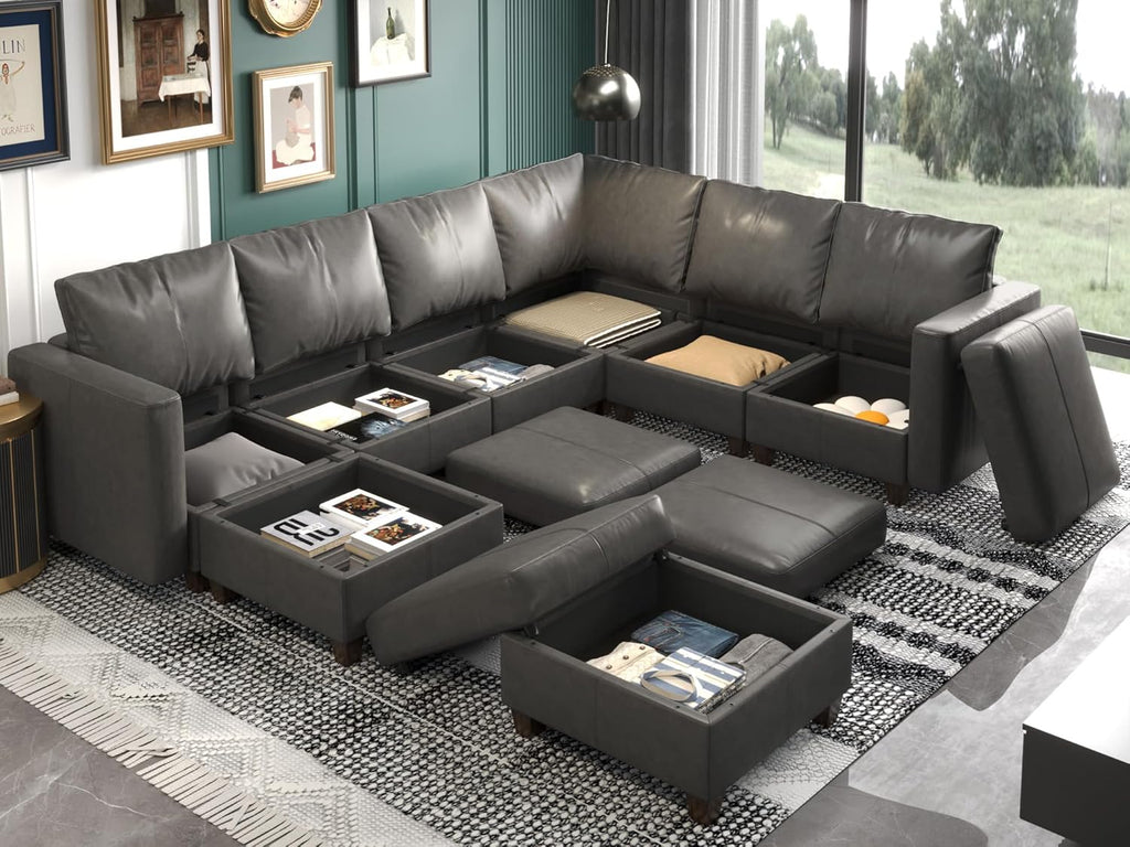 EASE MOOSE Modular Sectional Sofa with Storage, U Shaped Sectional Faux Leather Sectional Couch Large Sectional Sofa, Grey - Grand Goldman