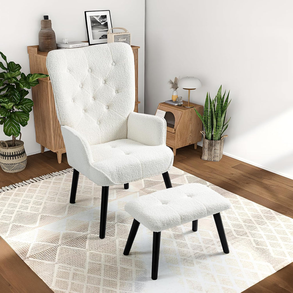 ECOTOUGE Accent Chair with Ottoman(Anti-Skid Feet Caps), Button Wingback Leisure Single Sofa, Arms Upholstered Tall Back Desk Chair for Bedroom, Reading(Brown) - Grand Goldman