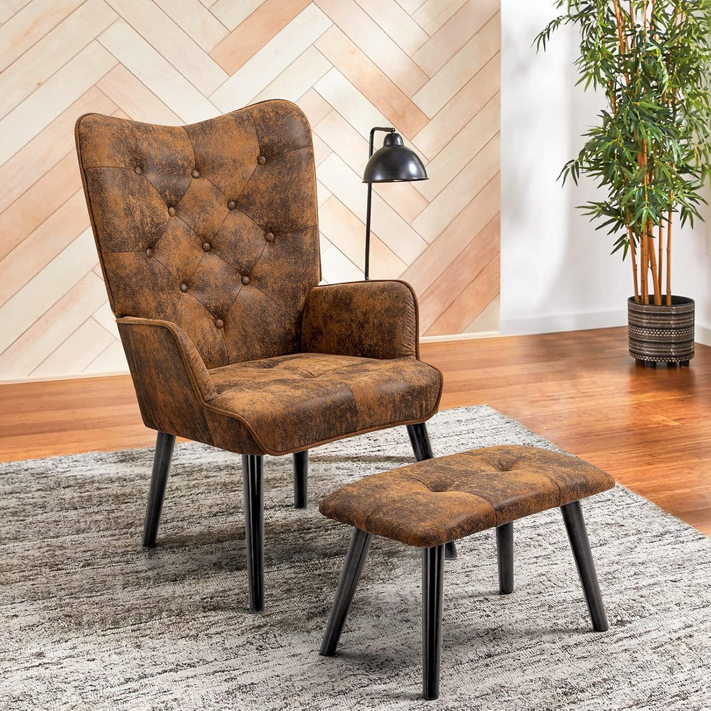 ECOTOUGE Accent Chair with Ottoman(Anti-Skid Feet Caps), Button Wingback Leisure Single Sofa, Arms Upholstered Tall Back Desk Chair for Bedroom, Reading(Brown) - Grand Goldman