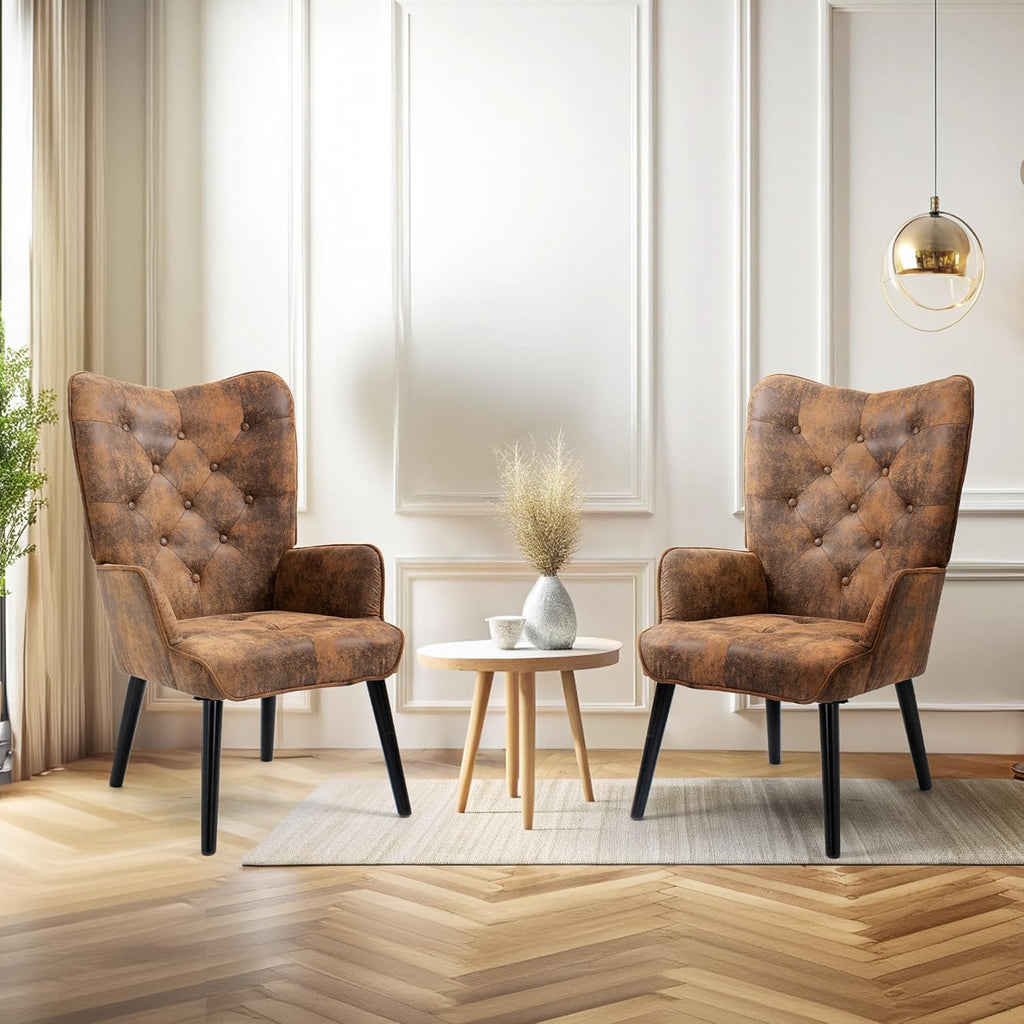 ECOTOUGE Accent Chair with Ottoman(Anti-Skid Feet Caps), Button Wingback Leisure Single Sofa, Arms Upholstered Tall Back Desk Chair for Bedroom, Reading(Brown) - Grand Goldman